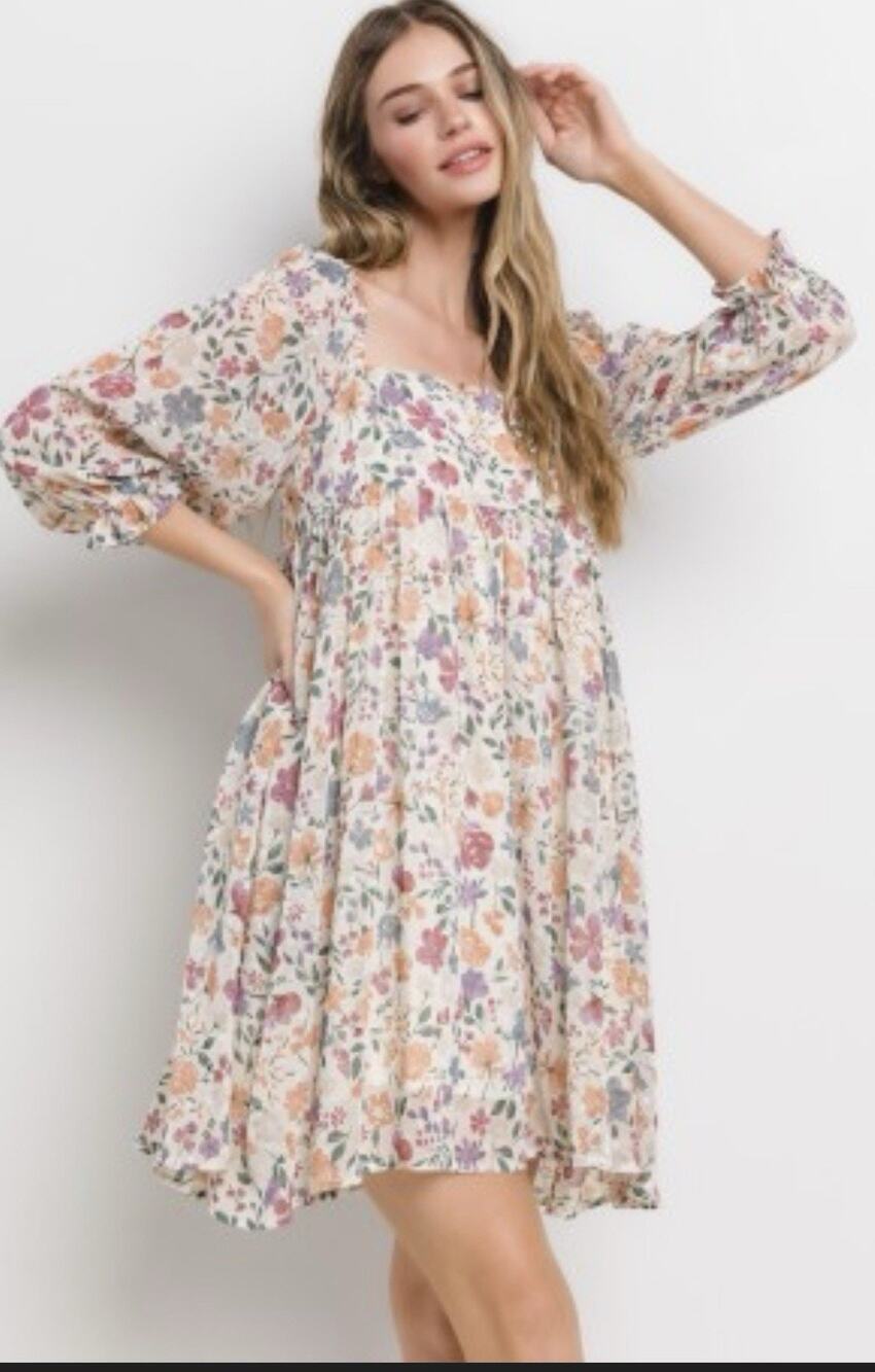 Sweet Lemon Boutique Cream Floral Baby Doll Dress With Puffed Sleeves, Size L